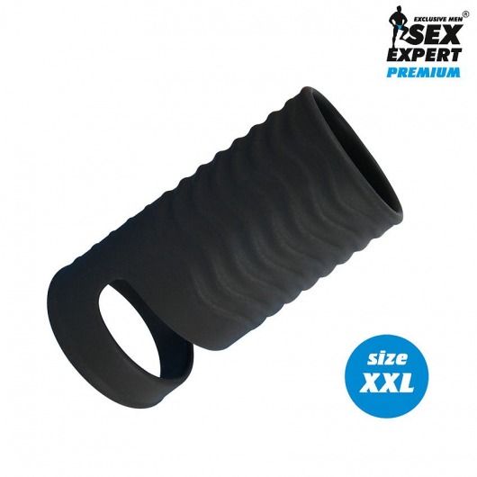 Черная открытая насадка на пенис с кольцом для мошонки XXL-size - 9,4 см. - Sex Expert - в Новокуйбышевске купить с доставкой