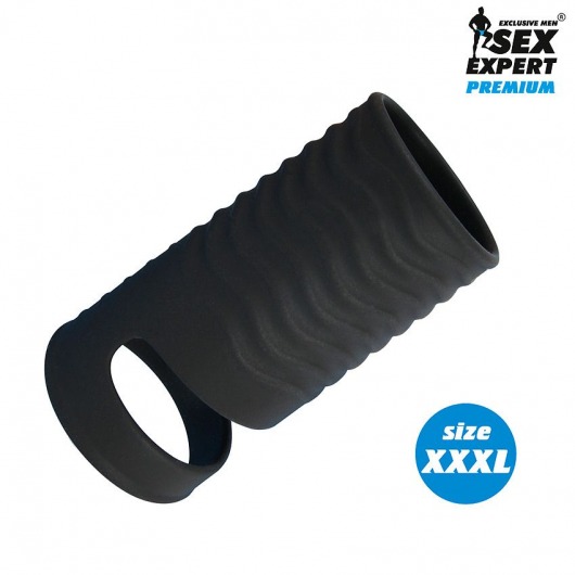 Черная открытая насадка на пенис с кольцом для мошонки XXXL-size - 9,9 см. - Sex Expert - в Новокуйбышевске купить с доставкой