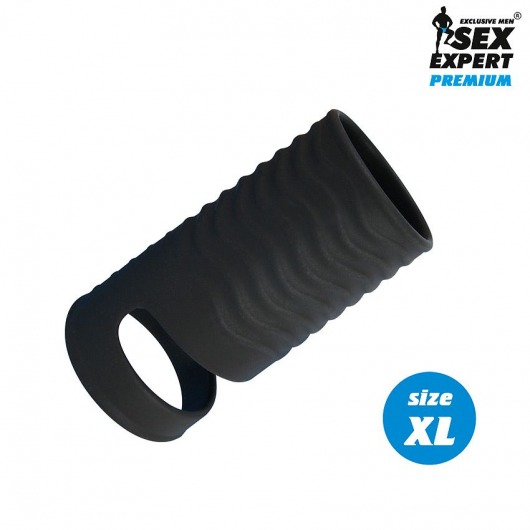 Черная открытая насадка на пенис с кольцом для мошонки XL-size - 8,9 см. - Sex Expert - в Новокуйбышевске купить с доставкой
