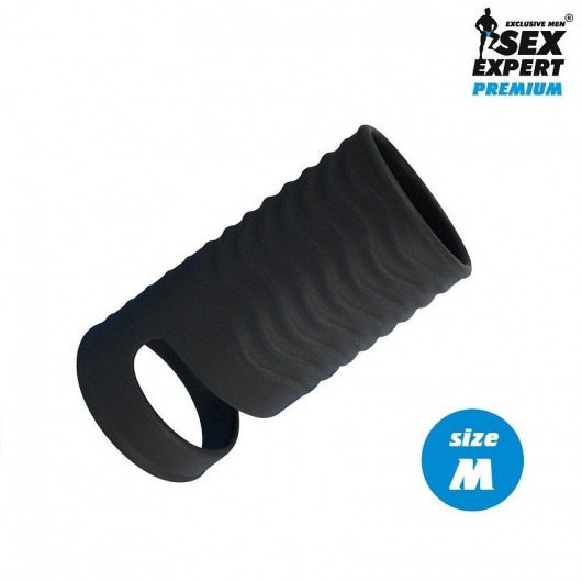 Черная открытая насадка на пенис с кольцом для мошонки size M - 7,9 см. - Sex Expert - в Новокуйбышевске купить с доставкой