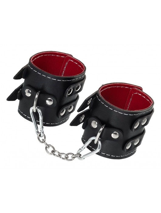 Черные кожаные наручники с двумя ремнями и красной подкладкой - Pecado - купить с доставкой в Новокуйбышевске