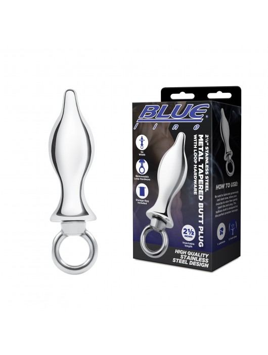 Металлический плаг с кольцом Stainless Steel Metal Tapered Butt Plug With Loop Hardware - 10 см. - BlueLine