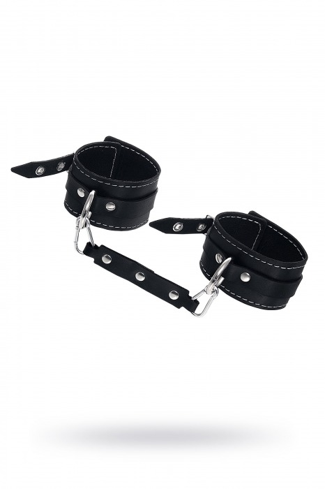 Черные двухслойные кожаные оковы с белой строчкой - Pecado - купить с доставкой в Новокуйбышевске