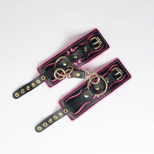 Черные кожаные наручники с розовой строчкой - Crazy Handmade - купить с доставкой в Новокуйбышевске