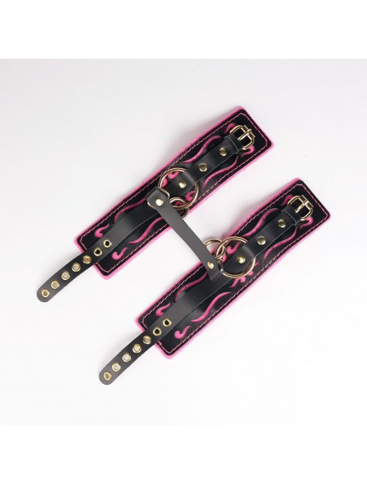 Черные кожаные оковы с розовой строчкой - Crazy Handmade - купить с доставкой в Новокуйбышевске