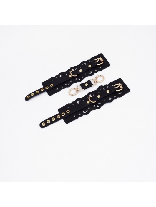 Черные кожаные наручники с узорами и золотистой фурнитурой - Crazy Handmade - купить с доставкой в Новокуйбышевске