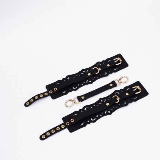 Черный кожаные оковы с узорами и золотистой фурнитурой - Crazy Handmade - купить с доставкой в Новокуйбышевске