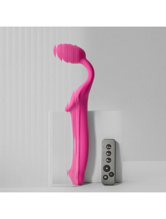 Ярко-розовый безремневой страпон Strap-on-me Vibrating Bendable Strap-On size L - Strap-on-me - купить с доставкой в Новокуйбышевске