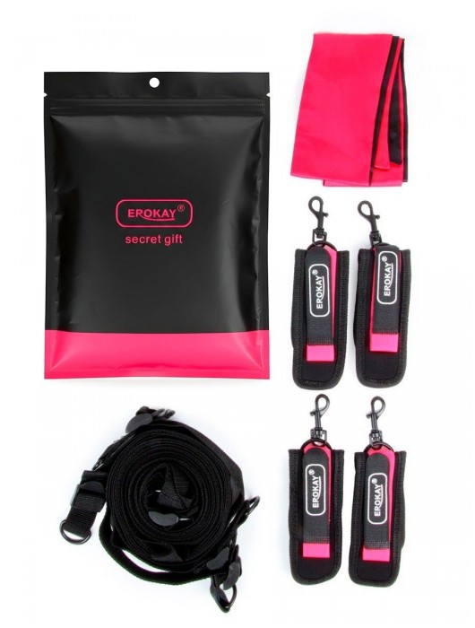 Черно-розовый эротический набор: фиксатор, оковы, наручники, повязка - Erokay - купить с доставкой в Новокуйбышевске