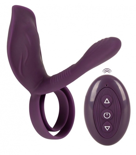 Фиолетовая насадка на член с клиторальным отростком и пультом ДУ RC Couple’s Vibrator 2 - Orion - в Новокуйбышевске купить с доставкой