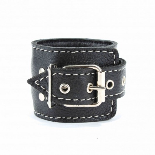 Чёрные кожаные наручники с крупной строчкой - БДСМ Арсенал - купить с доставкой в Новокуйбышевске
