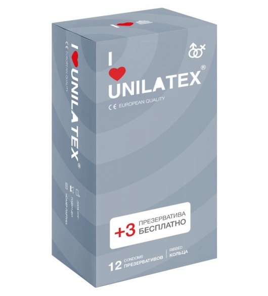 Презервативы с рёбрами Unilatex Ribbed - 12 шт. + 3 шт. в подарок - Unilatex - купить с доставкой в Новокуйбышевске