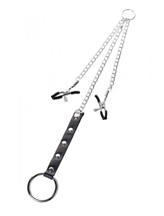 Серебристо-чёрные зажимы для сосков с кольцом для пениса TOYFA Metal - ToyFa - купить с доставкой в Новокуйбышевске